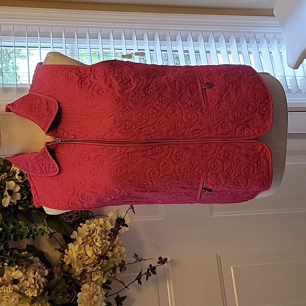 Christopher & Banks fuchsia rose quilted vest collar zipper 2 pocket Small EUC …